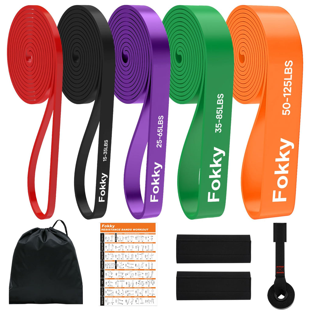 Fokky Fitnessbänder Widerstandsbänder - 5er Set, Resistance Bands mit Türanker & Schutzpads, Gymnastikband Klimmzug Bänder für Muskelaufbau, Kraftraining und Bodybuilding