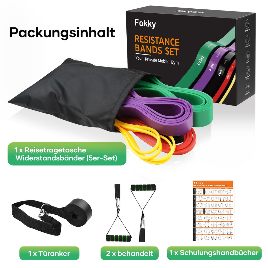 Fokky Fitnessbänder Widerstandsbänder mit 5 Stufen, Resistance Bands mit Türanker, 2*Griffen, Übungsanleitung&Tragebeutel, Gymnastikband Klimmzugband Fitnessband für Muskelaufbau,Yoga,Pilates 5er Set