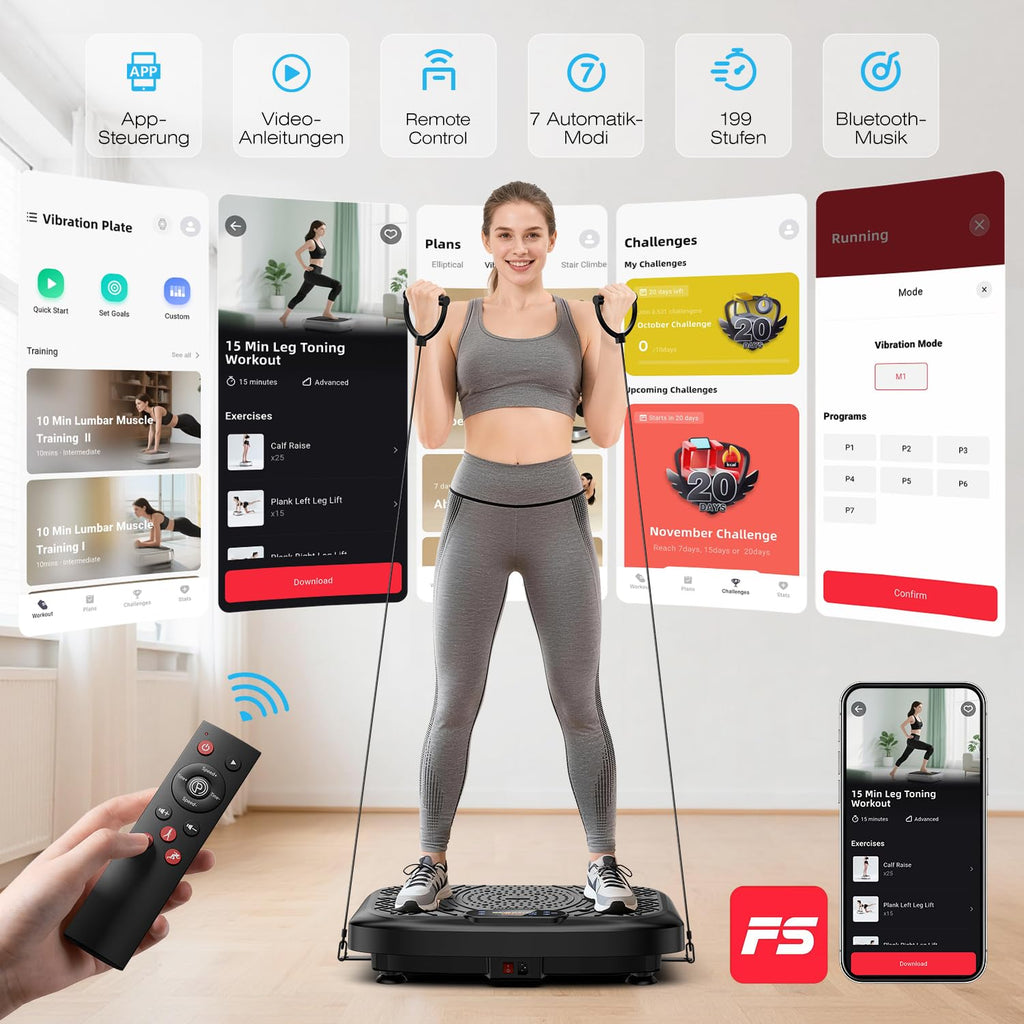 Werara Vibrationsplatte mit App-Steuerung, Fernbedienung & LED, 220kg Belastbarkeit, 199 Stufen Vibration Plate, Rüttelplatte Sport für Zuhause, 200W Motor, Bluetooth & Bänder, Fettverbrennung