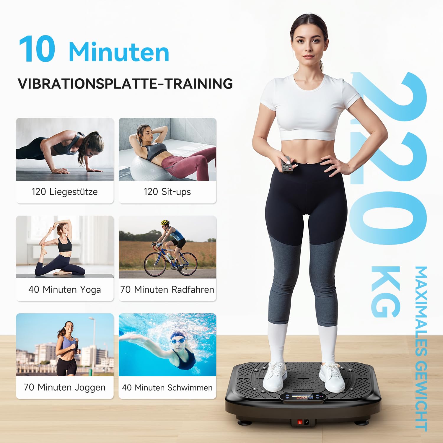 Werara Vibrationsplatte mit App-Steuerung, Fernbedienung & LED, 220kg Belastbarkeit, 199 Stufen Vibration Plate, Rüttelplatte Sport für Zuhause, 200W Motor, Bluetooth & Bänder, Fettverbrennung