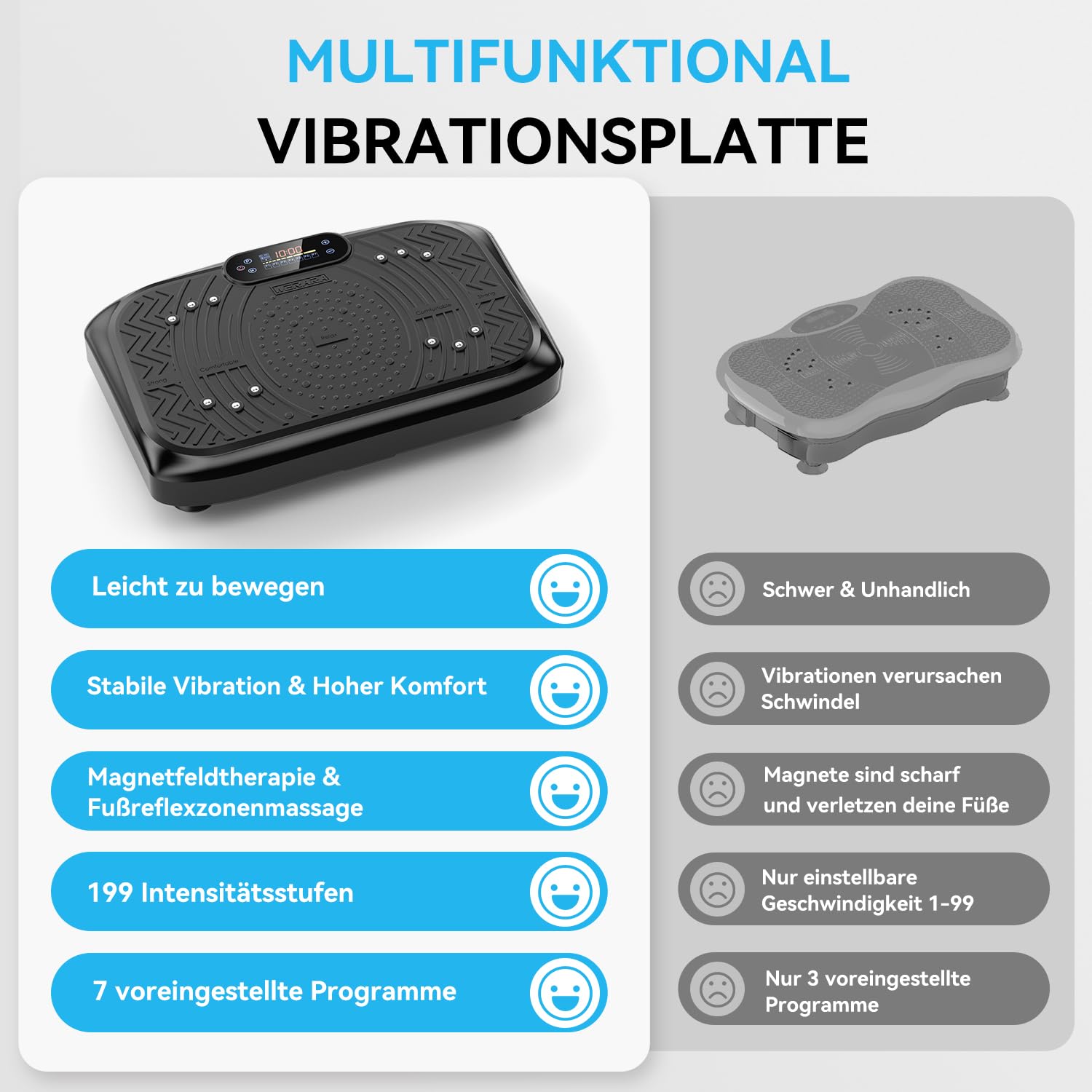 Werara Vibrationsplatte mit App-Steuerung, Fernbedienung & LED, 220kg Belastbarkeit, 199 Stufen Vibration Plate, Rüttelplatte Sport für Zuhause, 200W Motor, Bluetooth & Bänder, Fettverbrennung