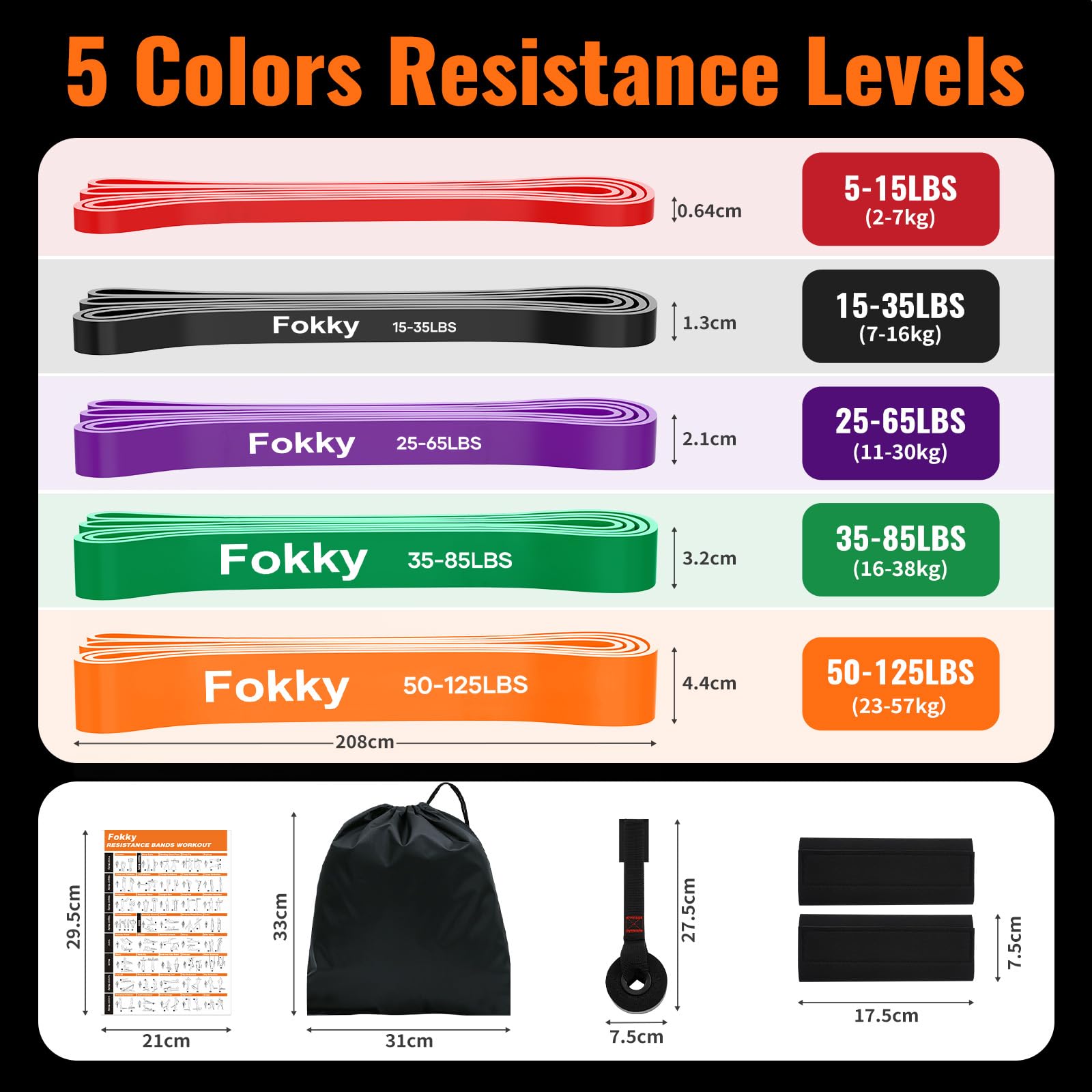 Fokky Fitnessbänder Widerstandsbänder - 5er Set, Resistance Bands mit Türanker & Schutzpads, Gymnastikband Klimmzug Bänder für Muskelaufbau, Kraftraining und Bodybuilding