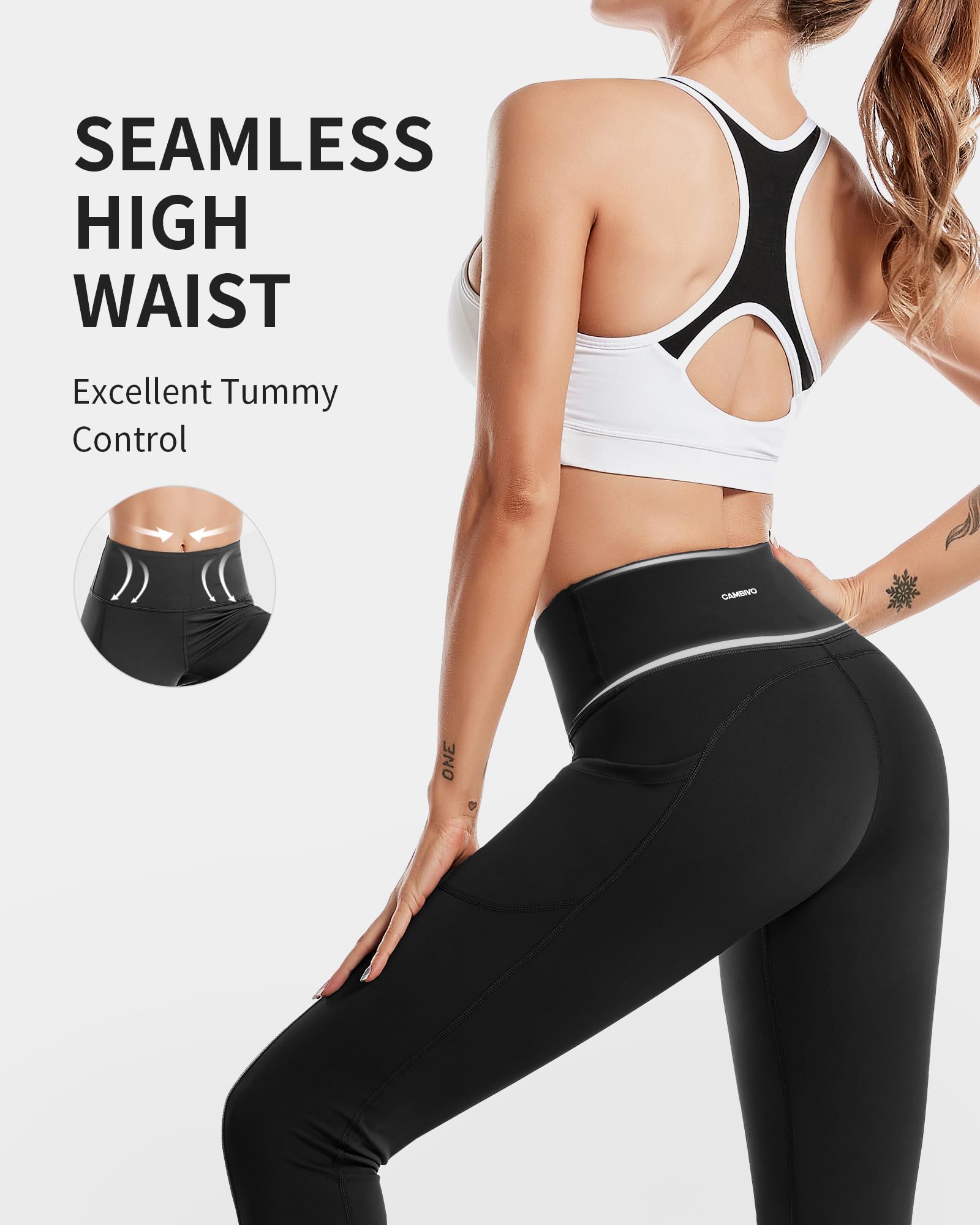 CAMBIVO Sport Leggings Damen Lang, Sporthose Damen High Waist Leggings mit Handytasche, Sport Leggins Yogahose Tights Blickdicht für Sport, Freizeit, Fitness