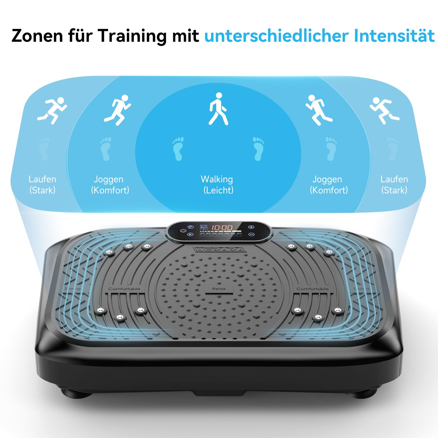 Werara Vibrationsplatte mit App-Steuerung, Fernbedienung & LED, 220kg Belastbarkeit, 199 Stufen Vibration Plate, Rüttelplatte Sport für Zuhause, 200W Motor, Bluetooth & Bänder, Fettverbrennung