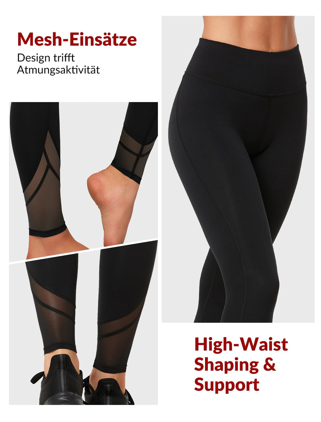 Yvette Sport Leggings Damen high Wasit mit Mesh, 72F Faser Blickdicht Sporthose Yogahose, Schwarz, M