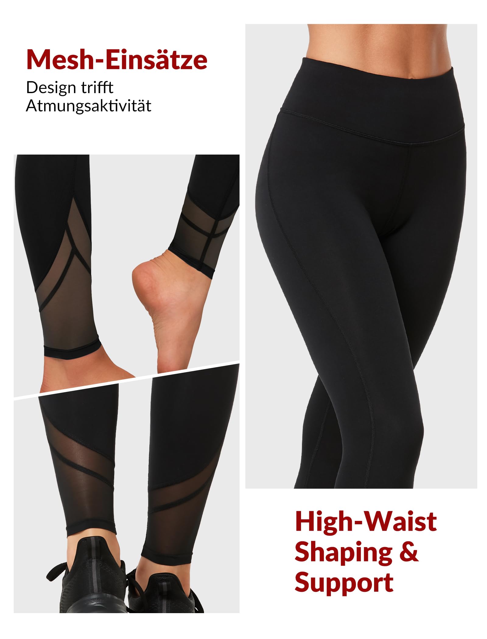Yvette Sport Leggings Damen high Wasit mit Mesh, 72F Faser Blickdicht Sporthose Yogahose, Schwarz, M