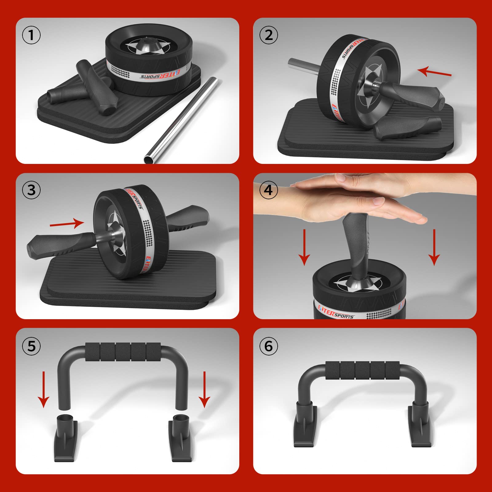 EnterSports Bauchroller Bauchmuskeltrainer ABS Roller, 6-in-1 Bauchtrainer mit Fitnessband, Liegestütze, Kniematte für Zuhause,Fitness Geräte, Bauchmuskel Roller, Gut für Heimtraining