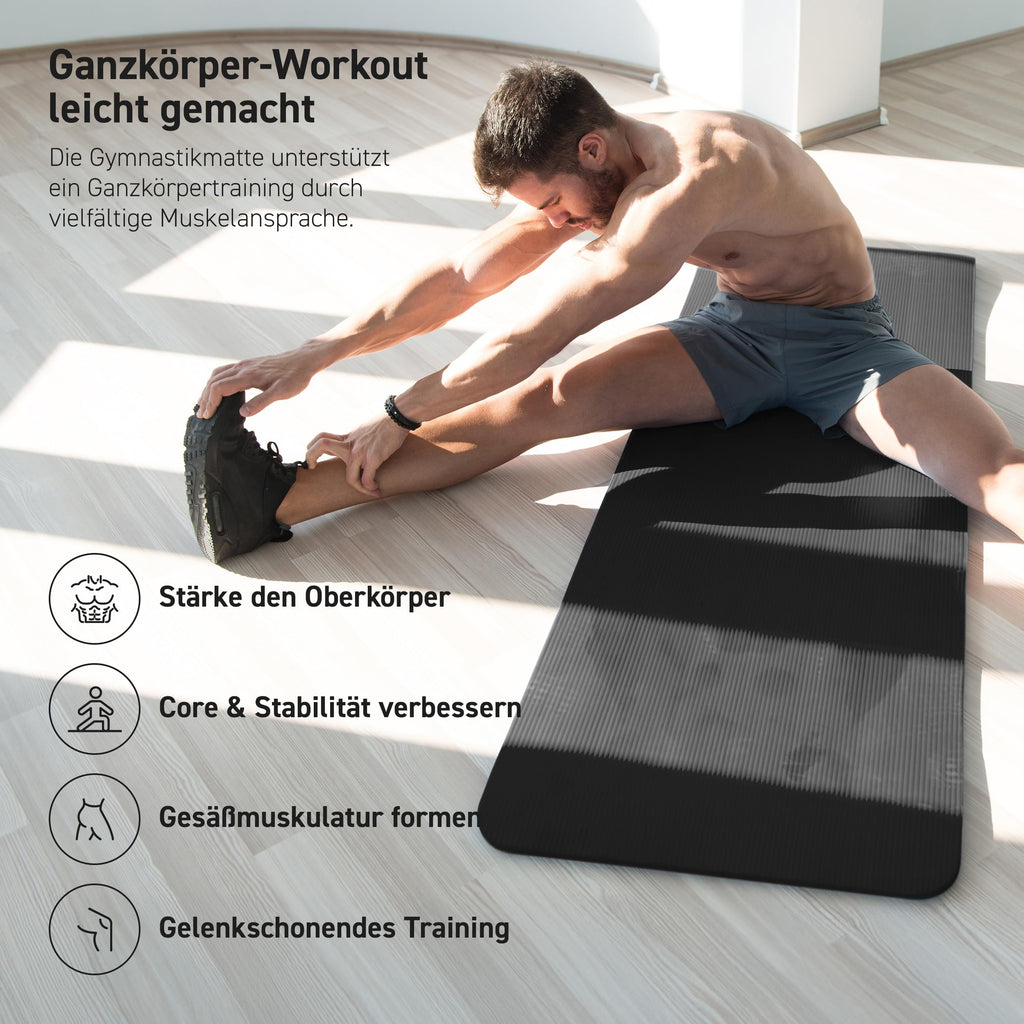 MSPORTS Gymnastikmatte Premium inkl. Tragegurt + Übungsposter + Workout App I Hautfreundliche Fitnessmatte 190 x 60 x 1,5 cm - Schwarz-Matt - Phthalatfreie Yogamatte