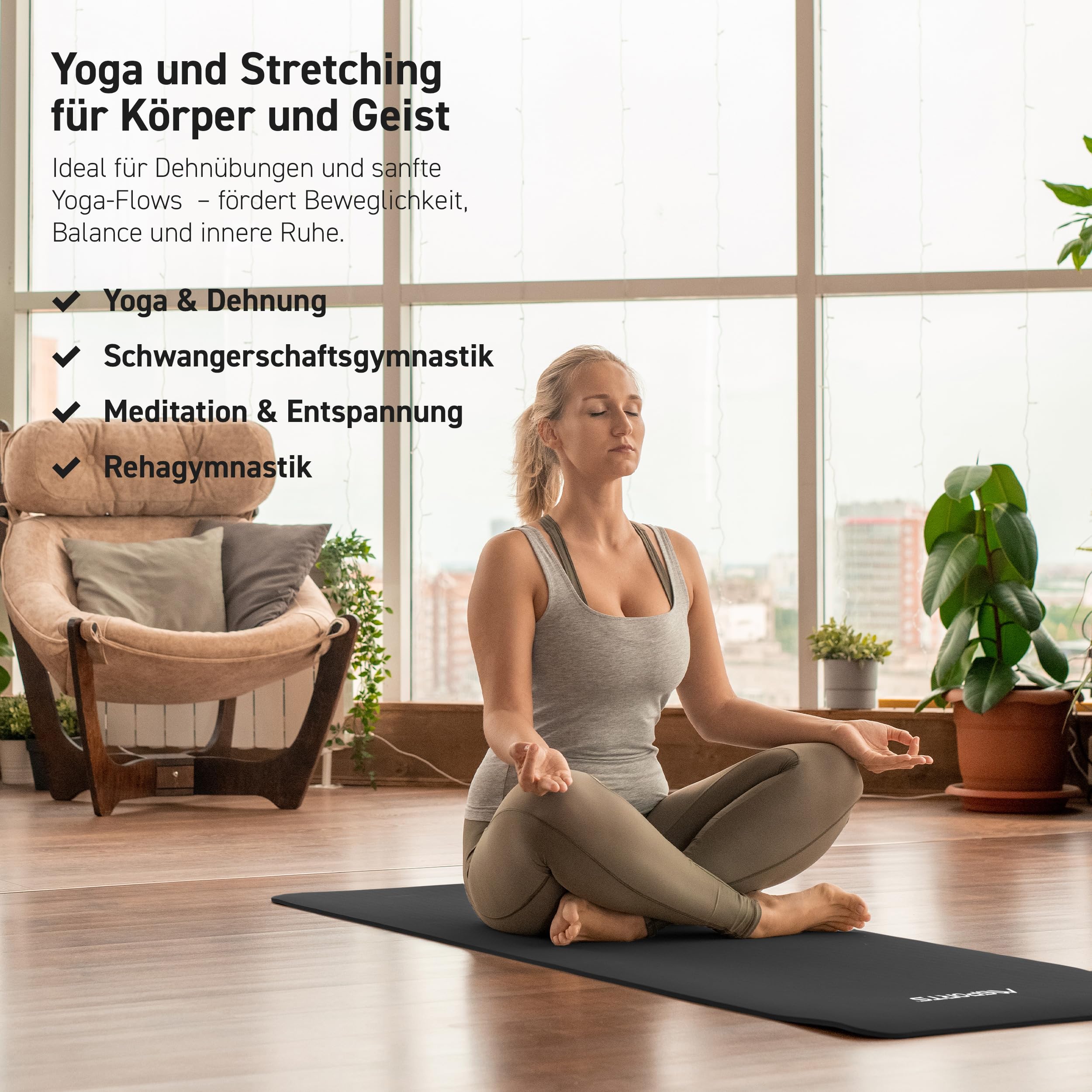 MSPORTS Gymnastikmatte Premium inkl. Tragegurt + Übungsposter + Workout App I Hautfreundliche Fitnessmatte 190 x 60 x 1,5 cm - Schwarz-Matt - Phthalatfreie Yogamatte